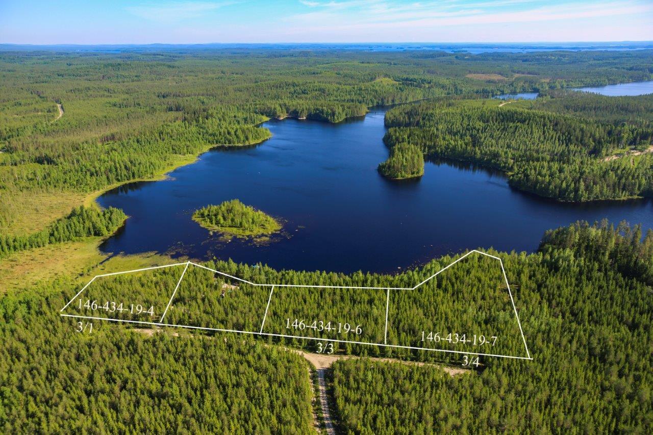 Aurinkoisessa ilmakuvassa sekametsää, suota ja saari. Kiinteistöjen rajat piirretty näkyviin.