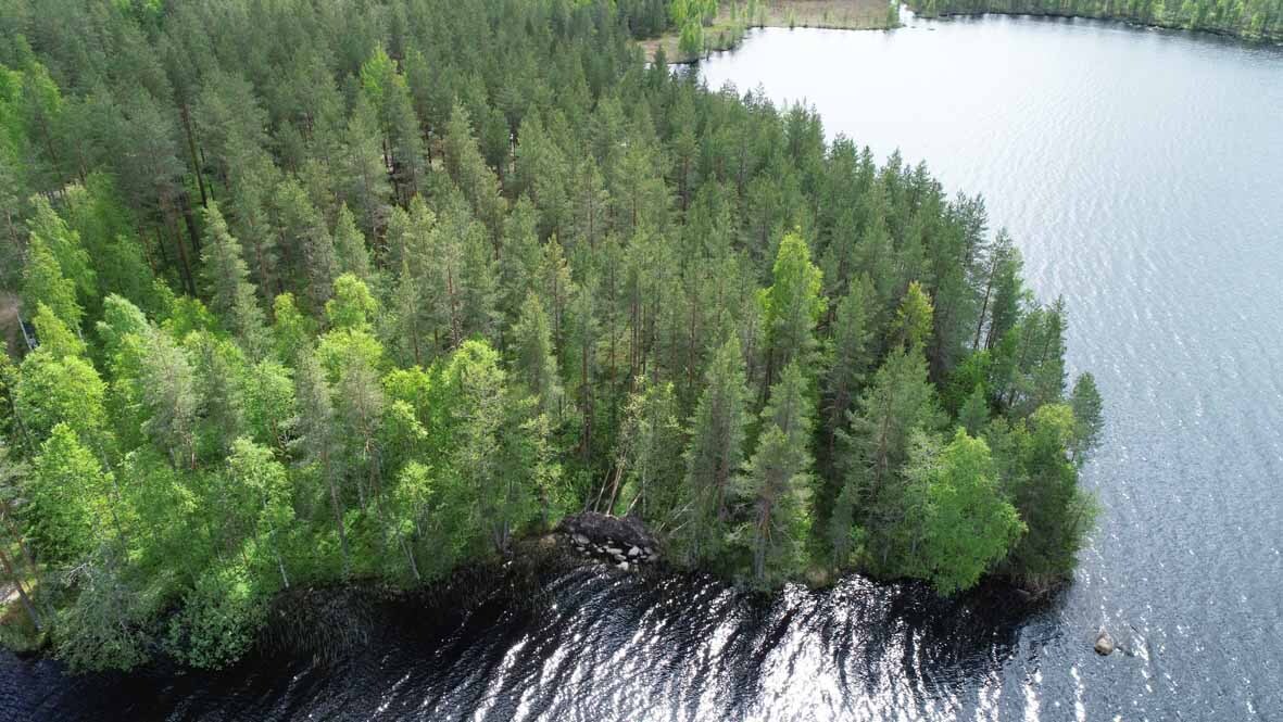 Ilmakuva tontista, järven vesi näyttää mustalle auringon paistaessa.