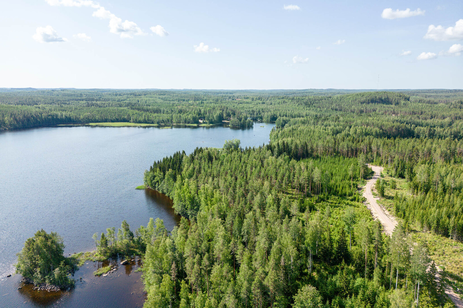 Ilmakuva rannan suuntaisesti tonteille. Järvi vasemmalla, tonttitie mantereella oikealla.