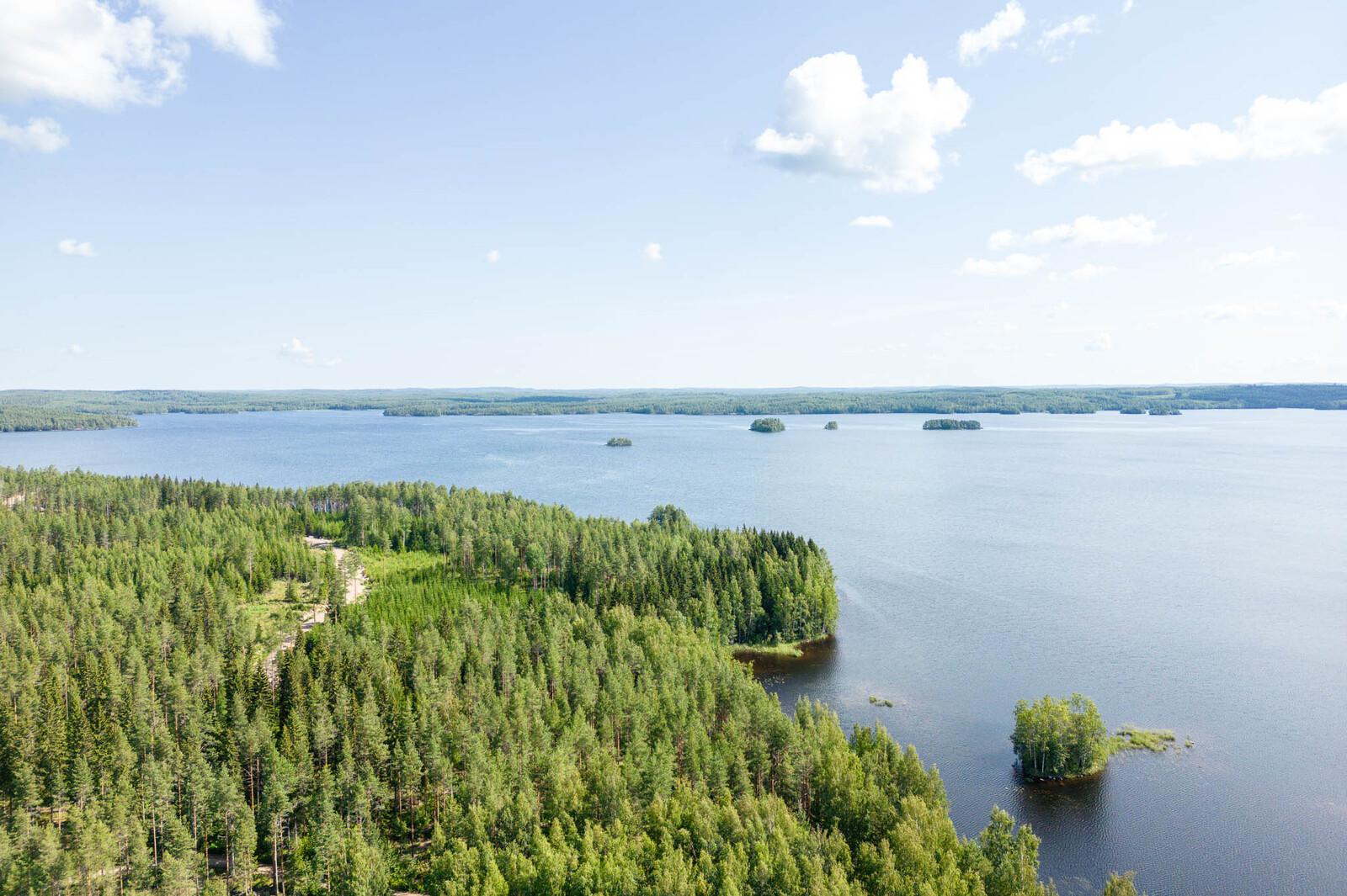 Ilmakuva rannan myötäisesti tonteille ja ulapalle, tonttien edustalla järvessä on saari.